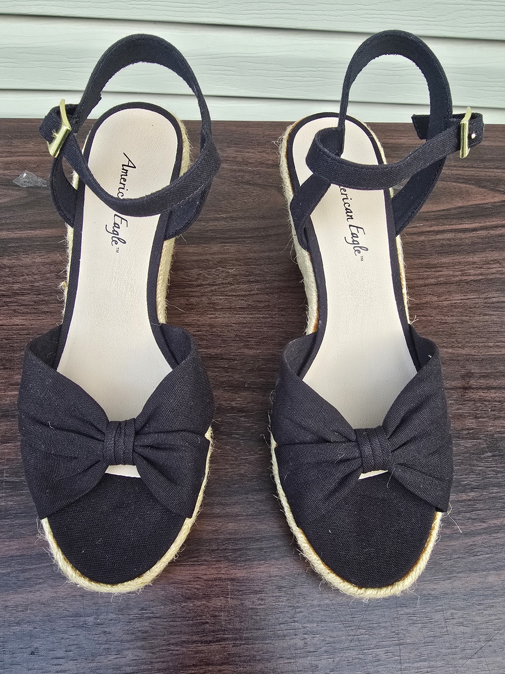 American Eagle Black Bow Espadrille Wedge Sandals Ankle Strap Size 7.5 NWOT